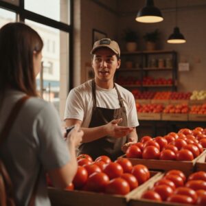 A vendor talking to a customer in a market filled with fresh tomatoes.
