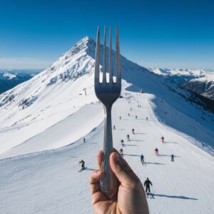 Fork held in front of snowy mountain slope with skiers.